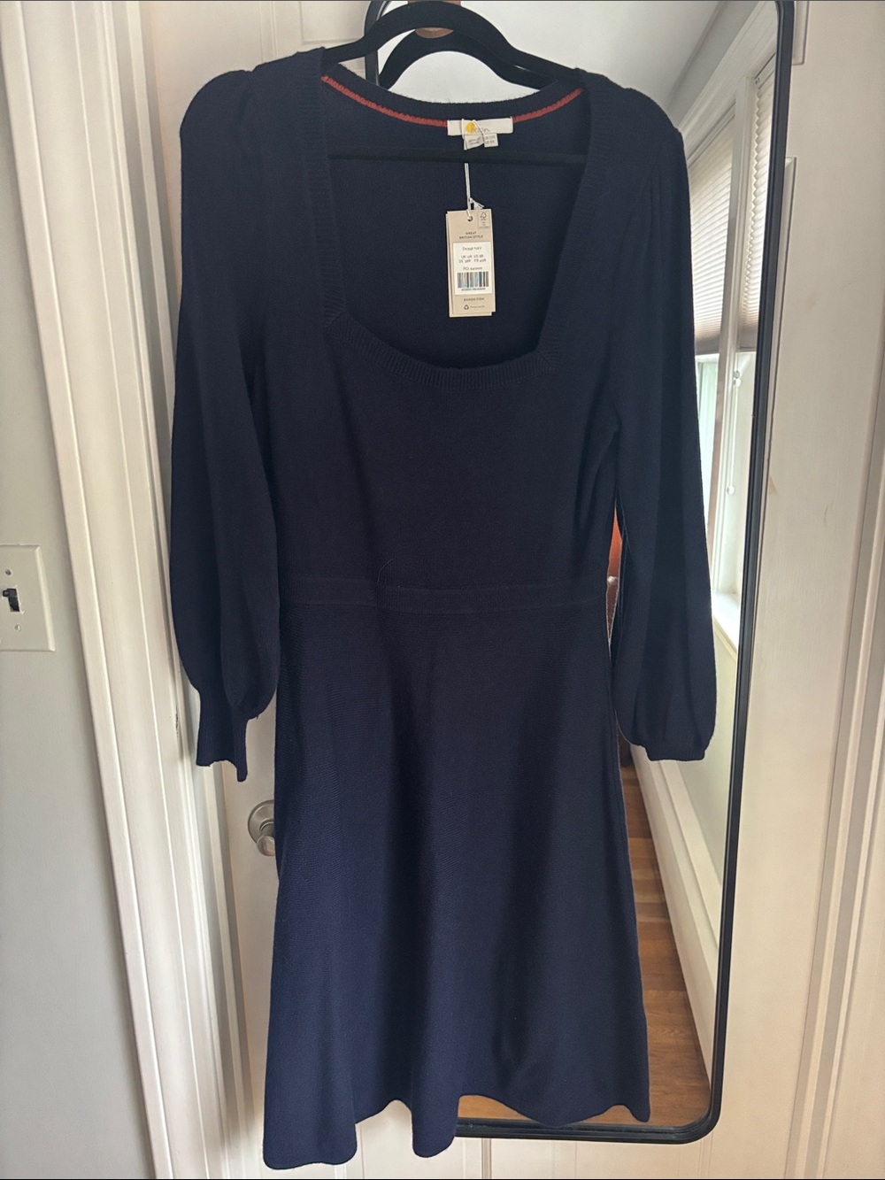 Boden Navy Square Neck Knit Midi Dress with Puff Sleeves